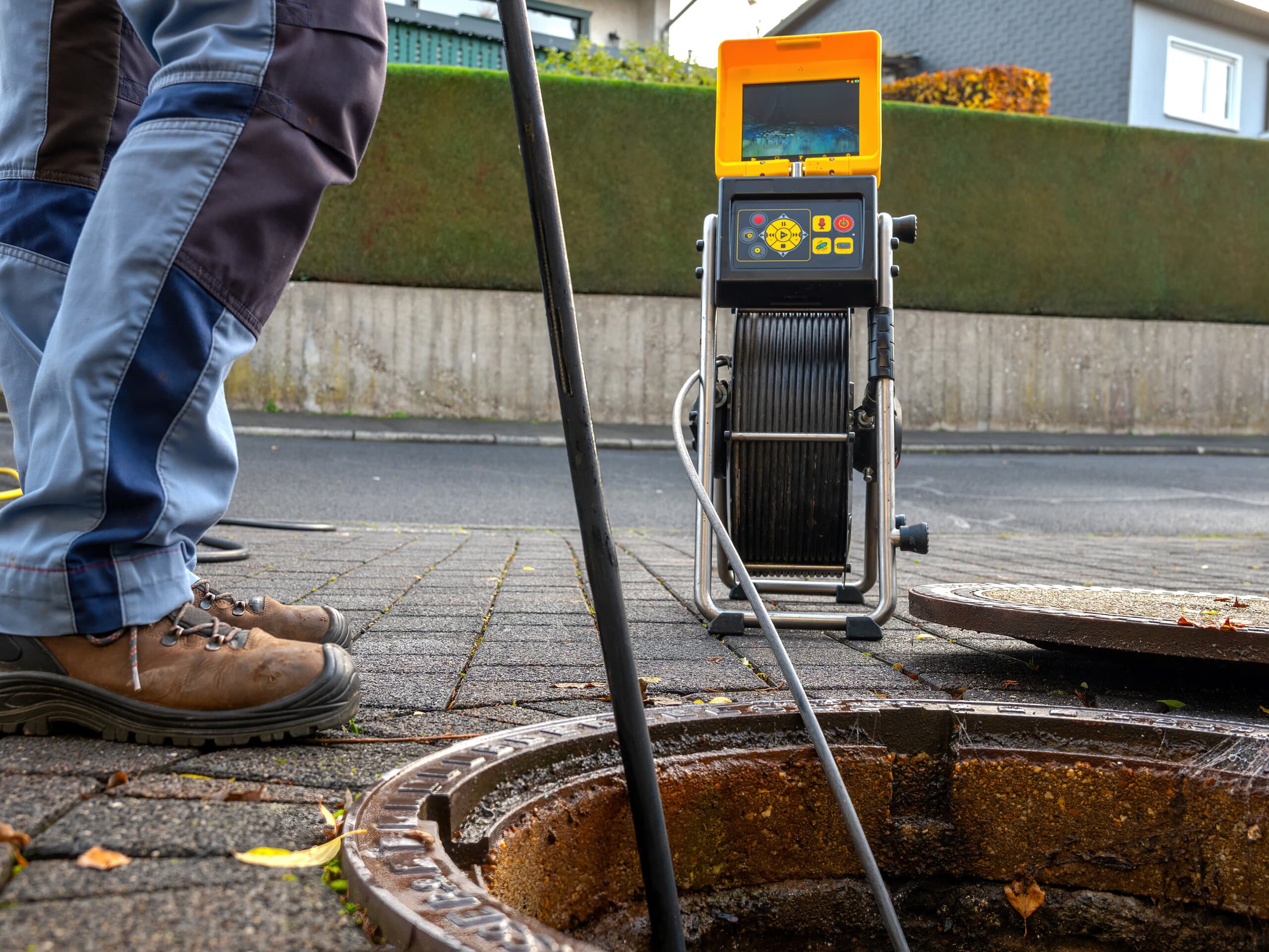 Technician running a CCTV sewer inspection at an open manhole before recommending repair