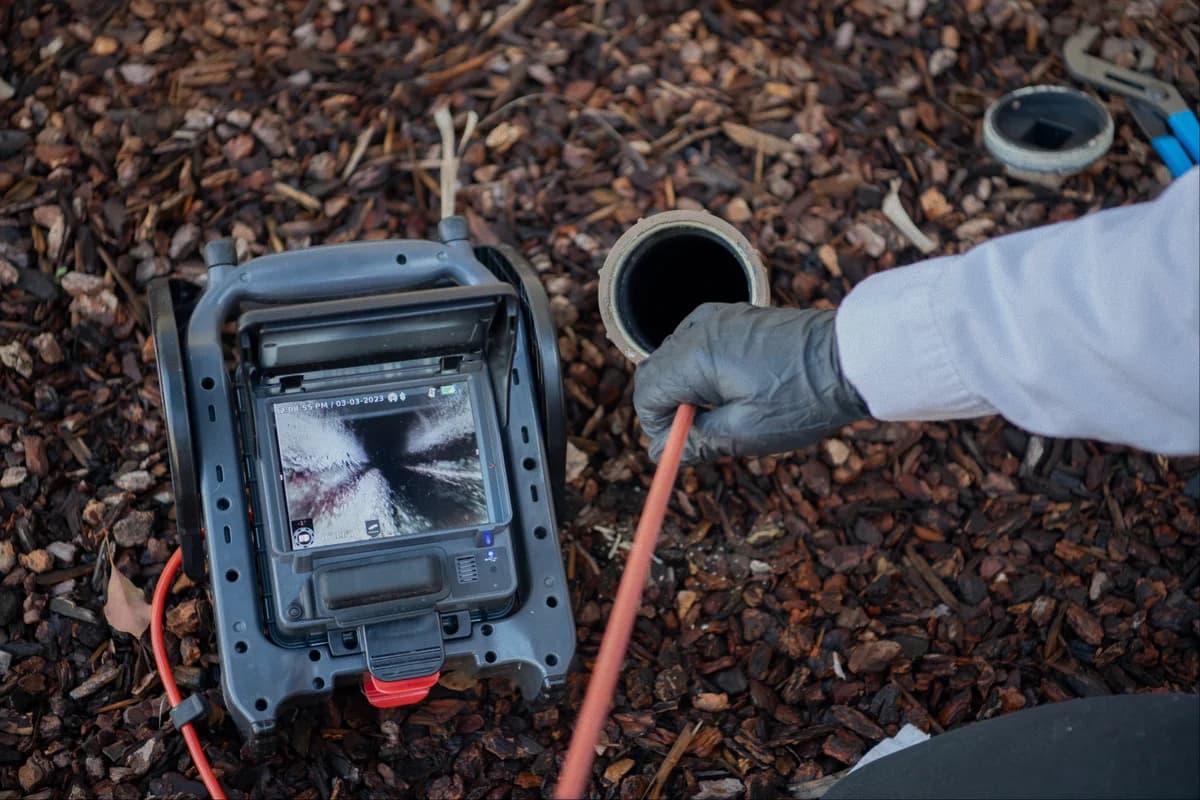 Sewer camera monitor showing live mainline inspection footage at a multifamily property